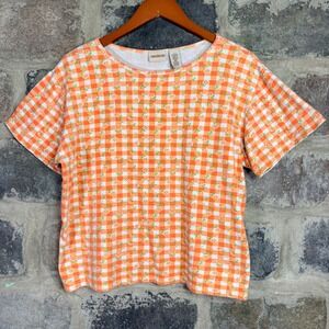 Crossroads Womens Orange Gingham Daisy Floral T-Shirt Cotton Blend Large Cottage